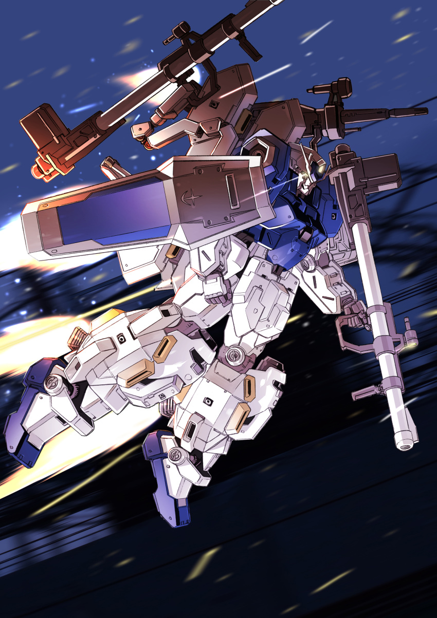 absurdres, arm_shield, bazooka_(gundam), bull-g, clenched_hand, commentary_request, earth_federation, exhaust