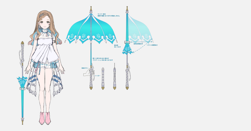 1girl, a-pose, absurdres, armlet, blue_hair, blue_ribbon, boots, braid, braided_bangs, brown_hair, cherico, colored_inner_hair, commentary_request, crinoline, culottes, full_body, grey_background, grey_eyes, hair_over_shoulder, high_collar, highres, layered_shirt, long_hair, multicolored_hair, neck_ribbon, negative_space, official_art, parasol, pink_footwear, pink_lips, pink_nails, reference_sheet, ribbon, second-party_source, shirt, simple_background, sleeveless, sleeveless_shirt, smile, swept_bangs, tanaka_san, translation_request, umbrella, voisona, wavy_hair, white_shirt