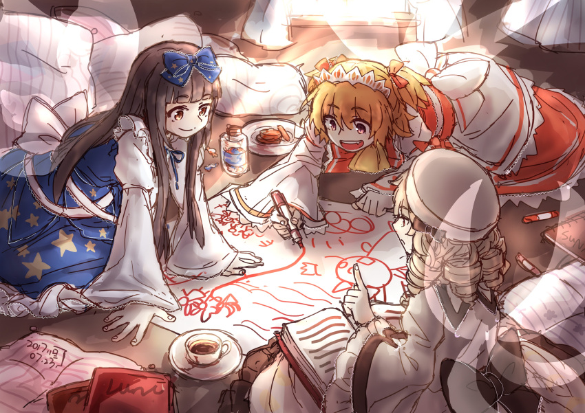 3girls, 500_ml_beaker, :d, absurdres, all_fours, back_bow, backlighting, beret
