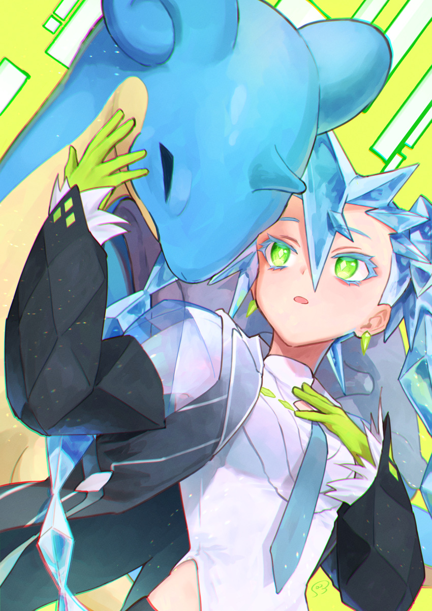 1girl, absurdres, blue_hair, blue_necktie, bossan_3310, breasts, closed_eyes, earrings