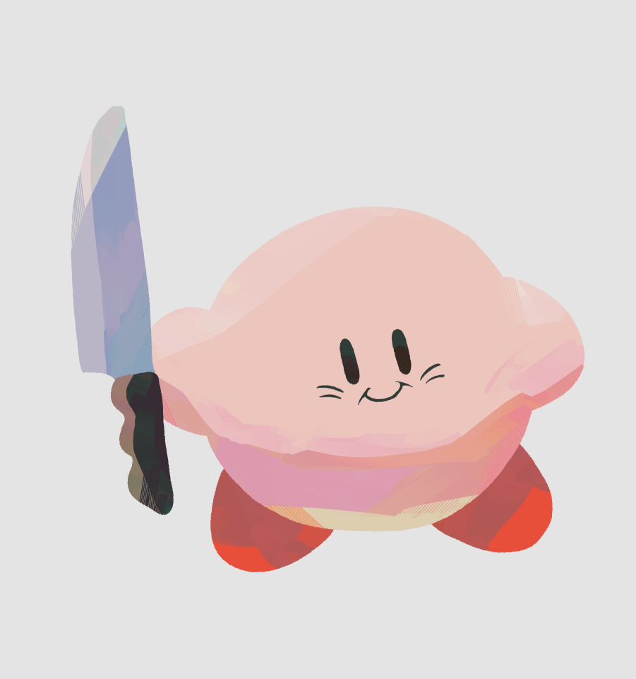 colored_skin, commentary_request, holding, holding_knife, kirby, kirby_(series), kirby_with_a_knife_(meme), kitchen_knife, knife, looking_at_viewer, meme, ni_re, no_humans, pink_skin, smile, solid_oval_eyes, solo