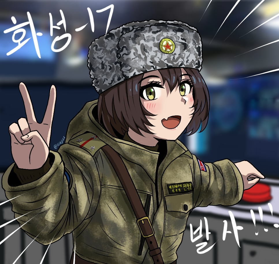 1girl, breast_pocket, brown_hair, coat, epaulettes, fang, fur_hat, green_eyes