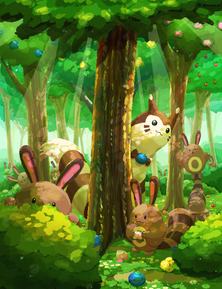 berry_(pokemon), cheri_berry, dappled_sunlight, day, food, forest, fruit, furret, highres, holding, holding_food, holding_fruit, nature, no_humans, oran_berry, outdoors, pecha_berry, pokemon, pokemon_(creature), rawst_berry, sentret, sitrus_berry, sunlight, tree, zousui_(zousuioishii)