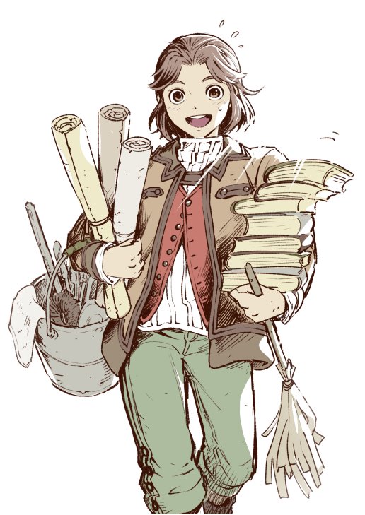 1boy, book, brown_eyes, brown_hair, bucket, gensou_suikoden, gensou_suikoden_iii, looking_at_viewer