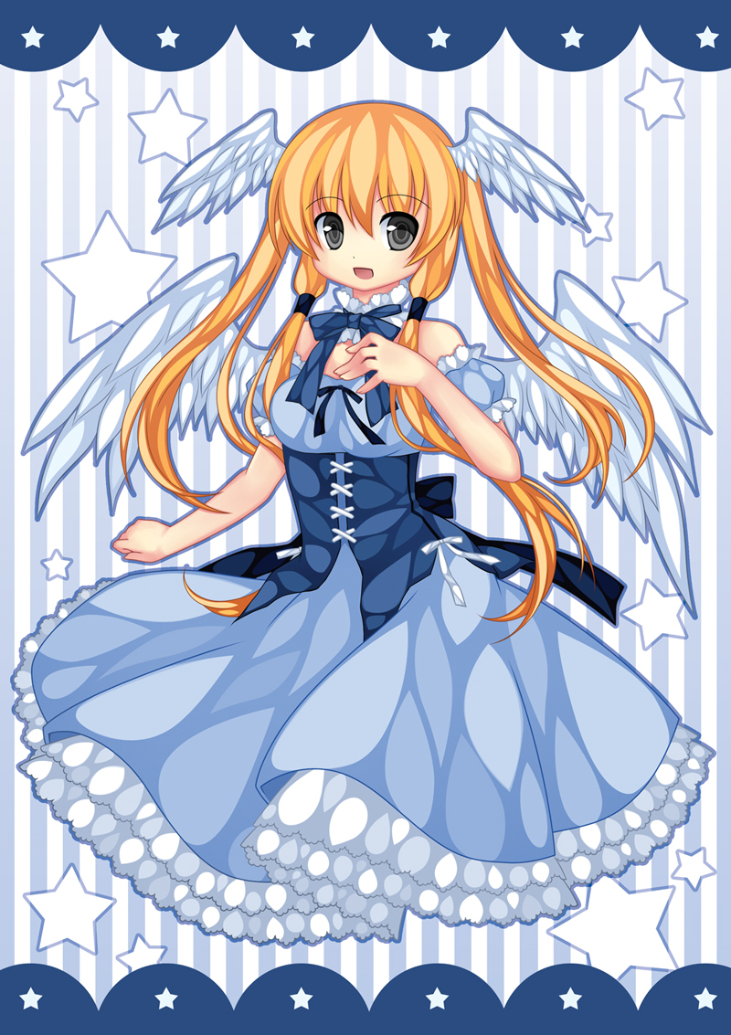 angel_wings, aoilio, bare_shoulders, blonde_hair, blue_dress, breast_suppress, dress, head_wings