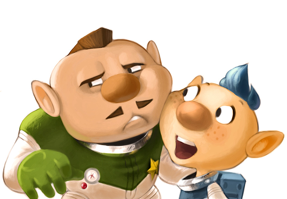 2boys, alien, alph_(pikmin), arm_around_shoulder, backpack, badge, bag, big_nose