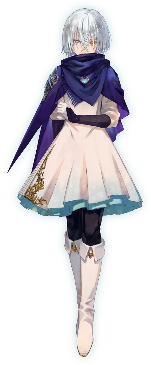 1girl, blue_eyes, cloak, closed_mouth, crossed_bangs, expressionless, full_body, gloves