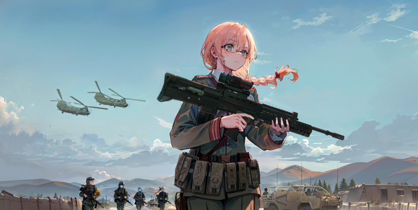 1other, 5girls, afghanistan, aircraft, ammunition_pouch, aqua_eyes, armband, armored_vehicle