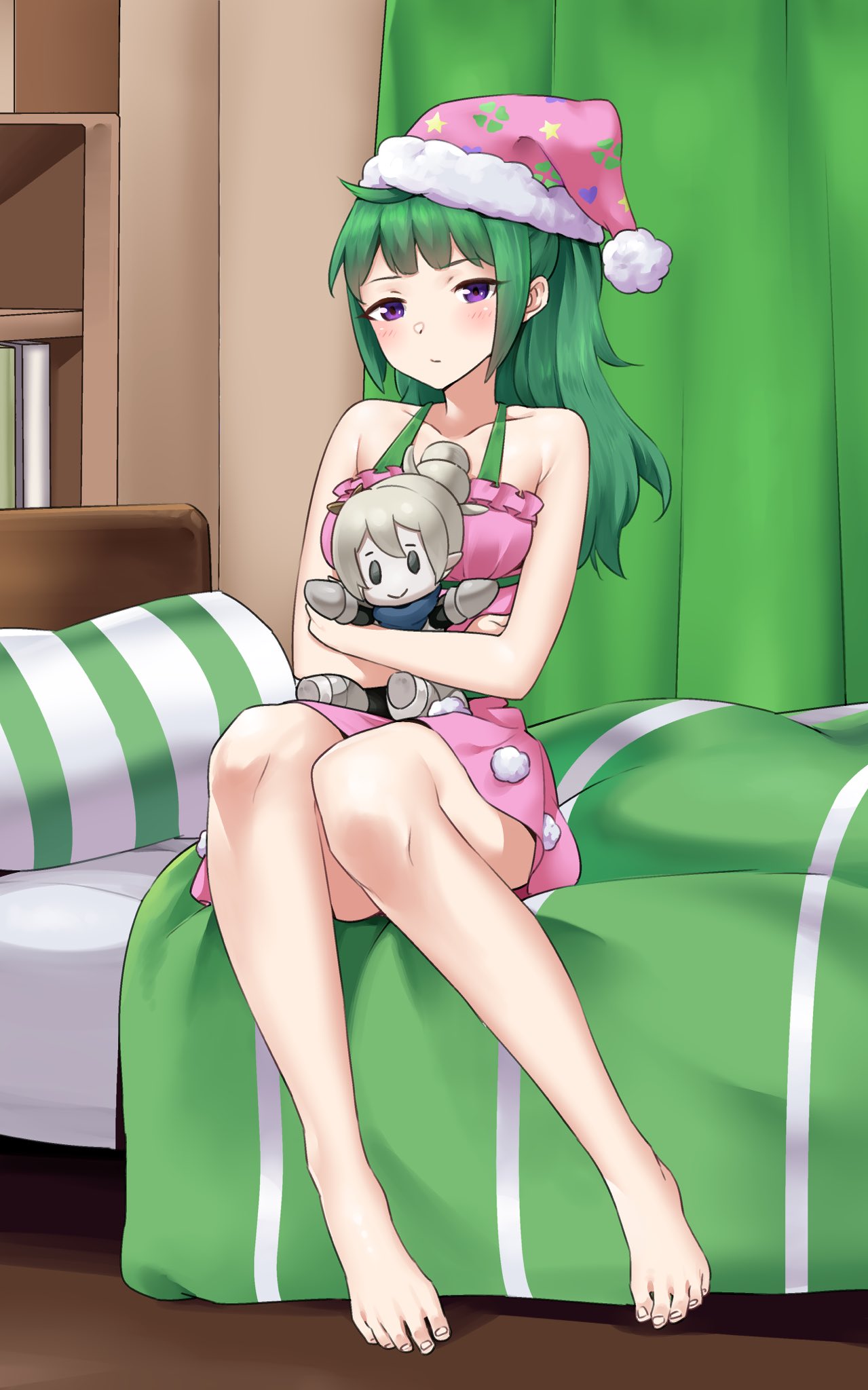 1girl, alternate_costume, alternate_hairstyle, bare_shoulders, barefoot, bed, book, bookshelf