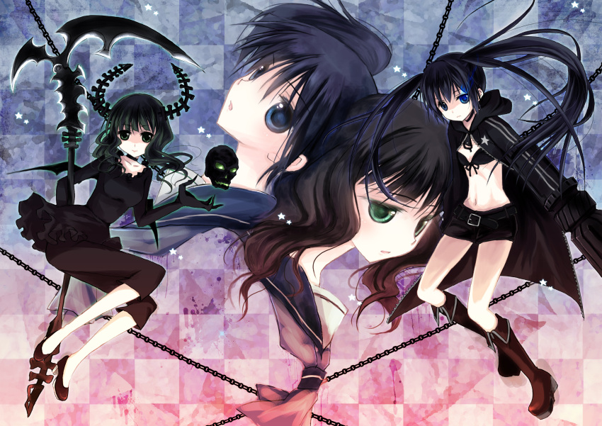 belt, bikini_top, black_hair, black_rock_shooter, black_rock_shooter_(character), blue_eyes, boots, chain