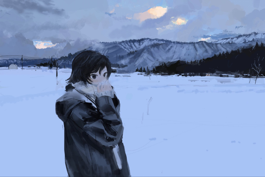 1girl, as4kla, bare_tree, black_eyes, black_hair, black_jacket, breath, breathing_on_hands