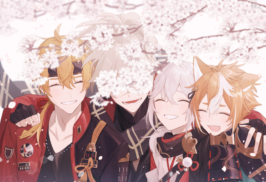 4boys, absurdres, ahoge, amor, animal_ears, armor, black_gloves, blonde_hair