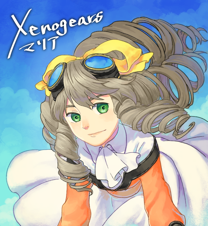 1girl, ascot, blue_sky, bow, closed_mouth, collared_dress, copyright_name, day, dress, drill_hair, goggles, goggles_on_head, green_eyes, hair_bow, long_hair, long_sleeves, looking_at_viewer, maria_balthasar, outdoors, pmpk, protected_link, sky, smile, white_ascot, white_dress, white_hair, xenogears, yellow_bow