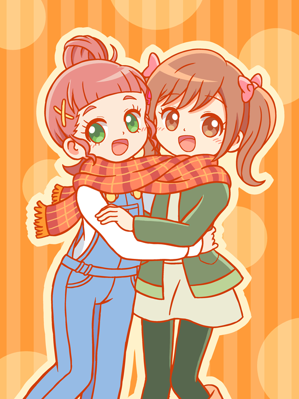 2girls, chouno_hikari, denim, green_eyes, jeans, kamisama_minarai:_himitsu_no_cocotama, kato-shun, multiple_girls
