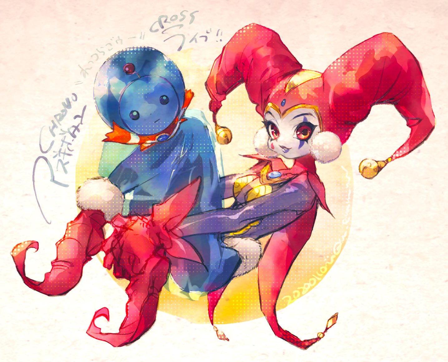 1girl, bell, bodysuit, chrono_cross, closed_mouth, facepaint, full_body, gloves