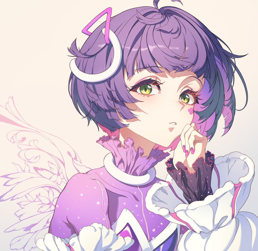 1girl, ahoge, aru_(sinsekai), close-up, collar, colored_eyelashes, colored_inner_hair, flower_facial_mark