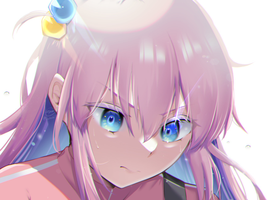 1girl, blue_eyes, bocchi_the_rock!, close-up, colored_eyelashes, cube_hair_ornament, enryuu_(rmxs3488), gotoh_hitori, hair_ornament, highres, jacket, long_hair, one_side_up, pink_hair, pink_jacket, signature, solo, strap, track_jacket, twitter_username, water_drop