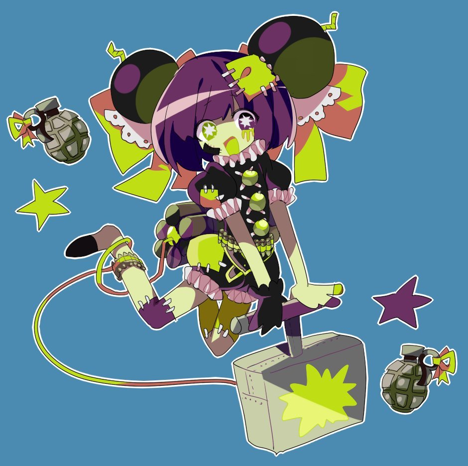 1girl, ammunition_belt, black_shirt, blue_background, bomb_hair_ornament, bright_pupils, commentary_request, detonator
