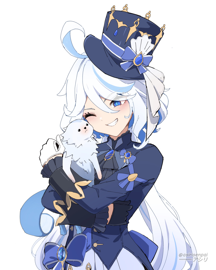 1girl, ;d, absurdres, ahoge, animal_hug, ascot, asiri_senpai, asymmetrical_gloves