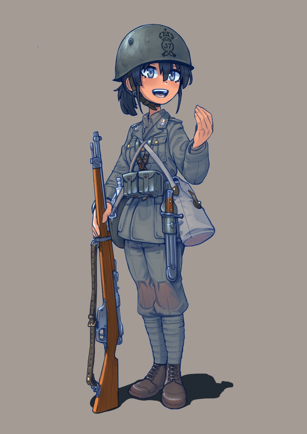1girl, ammunition_pouch, bayonet, belt, black_hair, blush, bolt_action, buttons