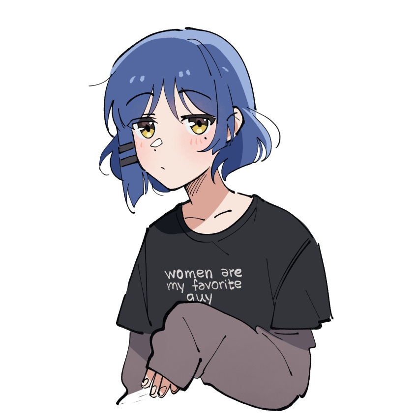1girl, asymmetrical_sidelocks, black_shirt, blue_hair, blush, bocchi_the_rock!, closed_mouth, cropped_torso