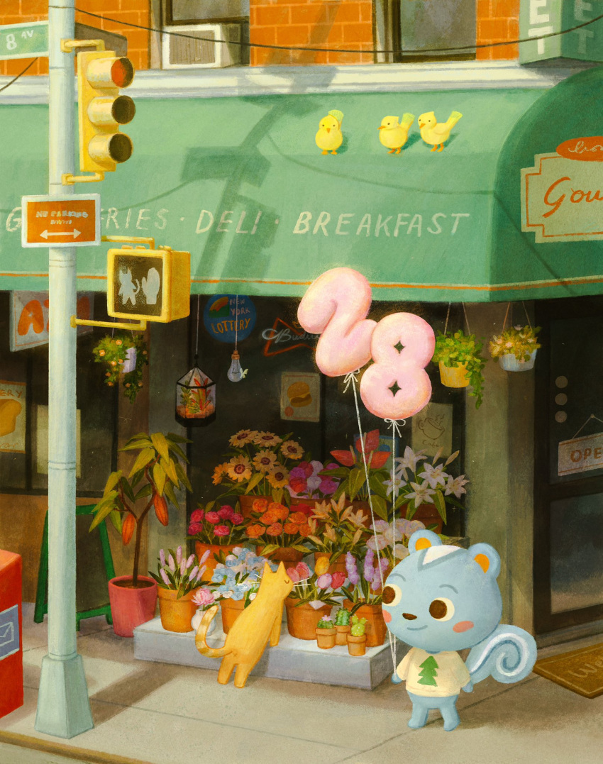 animal_crossing, balloon, bird, blue_flower, blush_stickers, brick_wall, brown_eyes, carpet