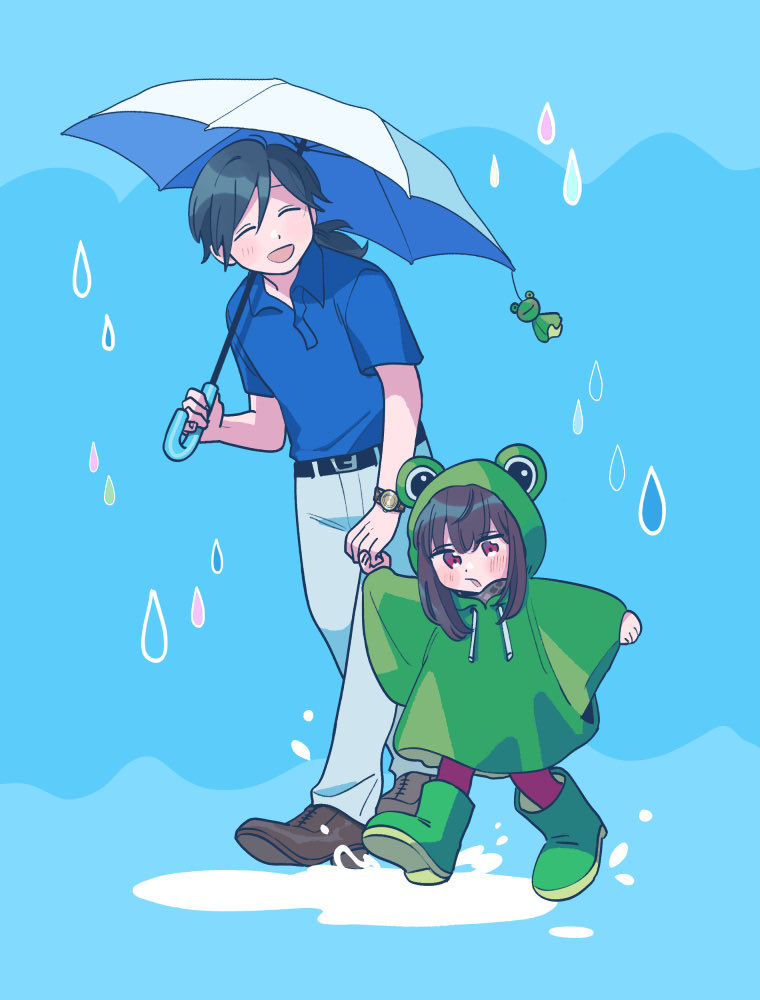 1boy, 1girl, animal_hood, belt, black_belt, black_hair, blue_background, blue_shirt, blush, boots, brown_footwear, brown_hair, closed_eyes, dot_nose, fate/grand_order, fate_(series), frog_hood, green_footwear, green_raincoat, holding_hands, hood, oneroom-disco, open_mouth, oryou_(fate), pants, pink_pants, ponytail, rain, raincoat, red_eyes, rubber_boots, sakamoto_ryouma_(fate), shirt, short_sleeves, teruterubouzu, umbrella, watch, watch, white_pants, white_umbrella
