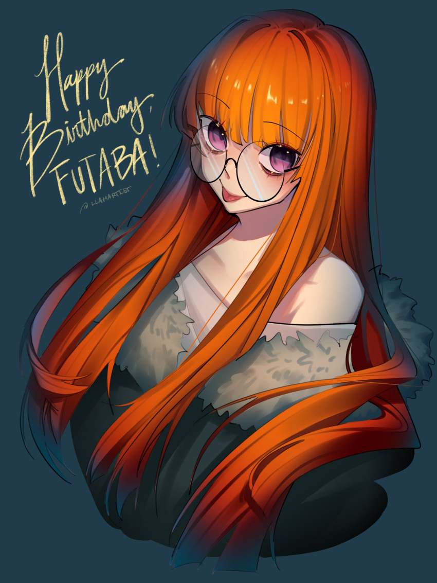 1girl, :p, artist_name, character_name, dark_green_background, english_text, glasses, highres, llamartist, long_hair, looking_at_viewer, orange_hair, persona, persona_5, sakura_futaba, simple_background, solo, tongue, tongue_out, violet_eyes, watermark