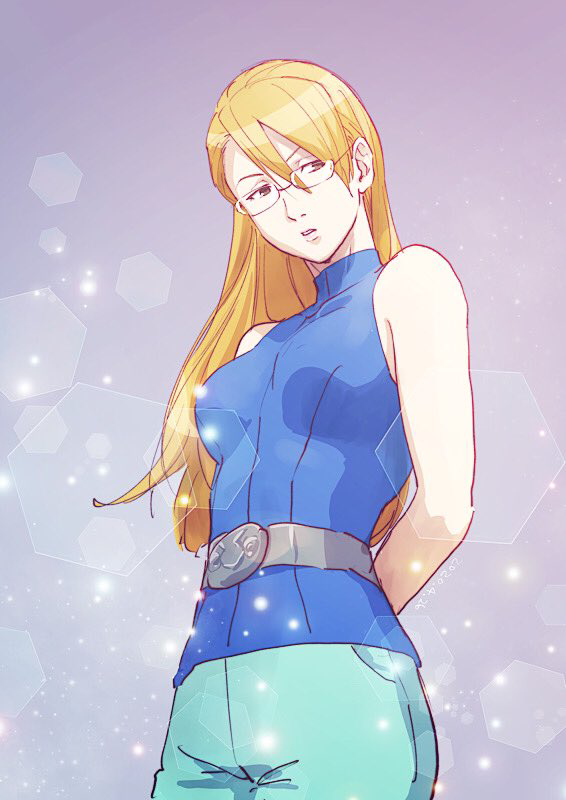 1girl, ace_attorney, adrian_andrews, arms_behind_back, bare_shoulders, belt, blonde_hair, blue_pants, breasts, brown_eyes, commentary_request, glasses, grey_background, grey_belt, hair_between_eyes, long_hair, looking_to_the_side, matt_engarde, medium_breasts, pants, parted_lips, phoenix_wright:_ace_attorney_-_justice_for_all, sleeveless, sleeveless_turtleneck, solo, standing, taba_(tb_gya), turtleneck
