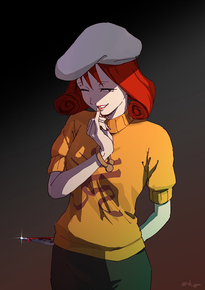 1girl, ace_attorney, arm_behind_back, beret, blood, blood_on_knife, bracelet, commentary_request