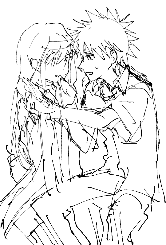 1boy, 1girl, a_certain_high_school_uniform, crumbs, food, food_on_face, habit, holding, holding_food, index_(toaru_majutsu_no_index), kamijou_touma, long_hair, monochrome, nmdsk, nun, open_mouth, robe, school_uniform, shirt, short_hair, sketch, spiky_hair, toaru_majutsu_no_index, wiping_mouth