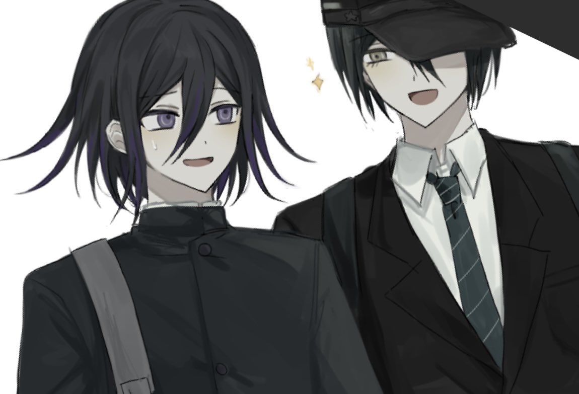 2boys, :d, backpack, bag, black_hair, black_headwear, black_jacket, blush, buttons, collared_shirt, danganronpa_(series), danganronpa_v3:_killing_harmony, hair_between_eyes, jacket, male_focus, multicolored_hair, multiple_boys, necktie, official_alternate_costume, oma_kokichi, open_mouth, purple_hair, saihara_shuichi, school_swimsuit, seuli_(sa404_3), shirt, smile, sparkle, striped_necktie, sweatdrop, swimsuit, two-tone_hair, white_shirt