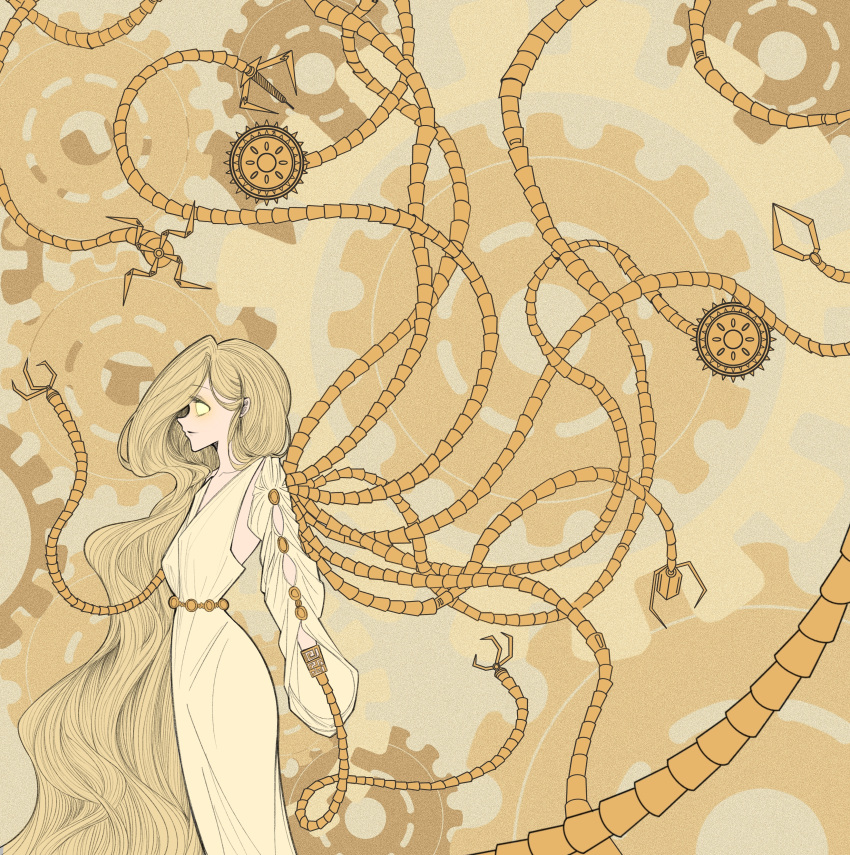 1other, abstract_background, absurdres, androgynous, android, blonde_hair, chinese_commentary, circle_of_inevitability, commentary_request, drill, gears, glowing, glowing_eyes, god_of_steam_and_machinery, highres, long_hair, lord_of_the_mysteries, mechanical_tentacles, muguaqiongju160, no_pupils, parted_lips, robe, tentacles, yellow_robe