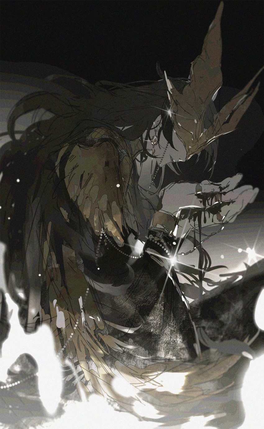 1boy, abstract_background, black_hair, black_robe, blood, blood_on_hands, covered_eyes, dark