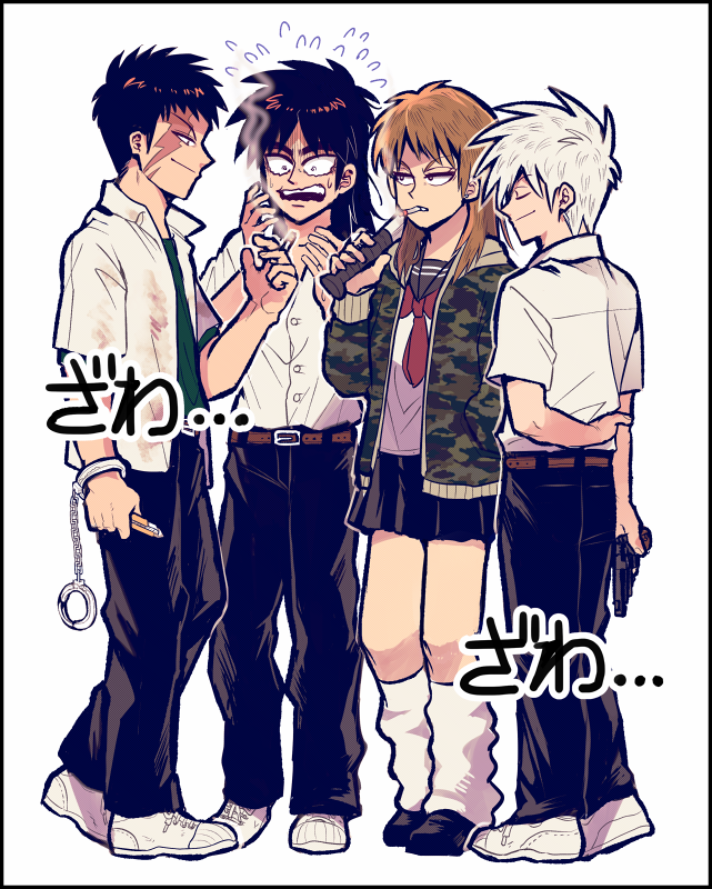 1girl, 3boys, akagi:_yami_ni_oritatta_tensai, akagi_shigeru, arms_behind_back, baseball_bat, belt, black_footwear, black_hair, black_pants, black_sailor_collar, black_skirt, boxcutter, brown_belt, brown_hair, buraiden_gai, buttons, cigarette, closed_eyes, closed_mouth, collared_shirt, commentary_request, cuffs, delinquent, flying_sweatdrops, fukumoto_nobuyuki_(style), full_body, green_shirt, gun, handcuffs, holding, holding_baseball_bat, holding_boxcutter, holding_cigarette, holding_gun, holding_weapon, itou_kaiji, kaiji, katatsumuri_(kataaaaaaaaa), kudou_gai, long_hair, medium_bangs, multiple_boys, neckerchief, official_style, open_clothes, open_mouth, open_shirt, pants, parody, pleated_skirt, red_neckerchief, revolver, saikyou_densetsu_kurosawa, sailor_collar, scar, scar_across_eye, school_uniform, serafuku, shirt, shirt_tucked_in, shizuka_(saikyou_densetsu_kurosawa), short_bangs, short_hair, simple_background, skirt, smile, smoke, smoking, socks, standing, style_parody, teeth, upper_teeth_only, weapon, white_background, white_footwear, white_hair, white_shirt, white_socks