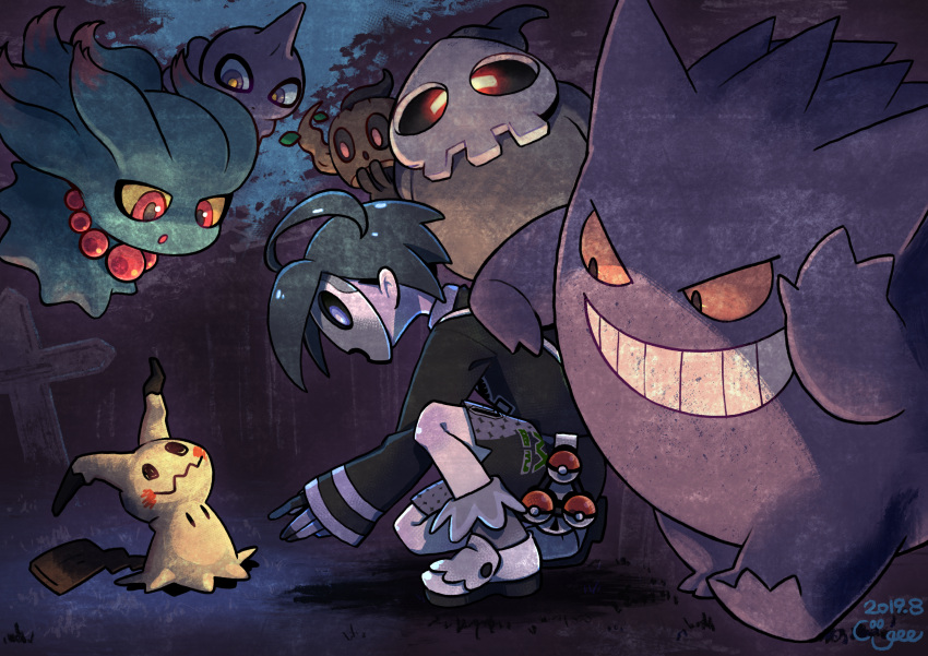 1boy, absurdres, ahoge, allister_(pokemon), black_hair, black_shirt, black_shorts, blue_eyes