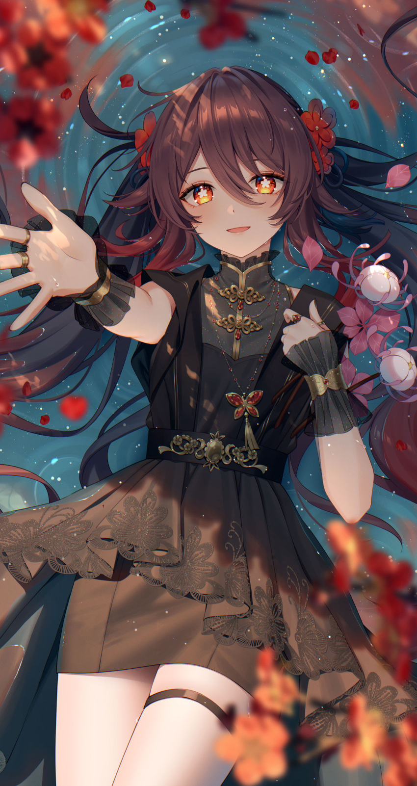 1girl, absurdres, alternate_costume, belt, black_belt, black_dress, black_hair, black_straps