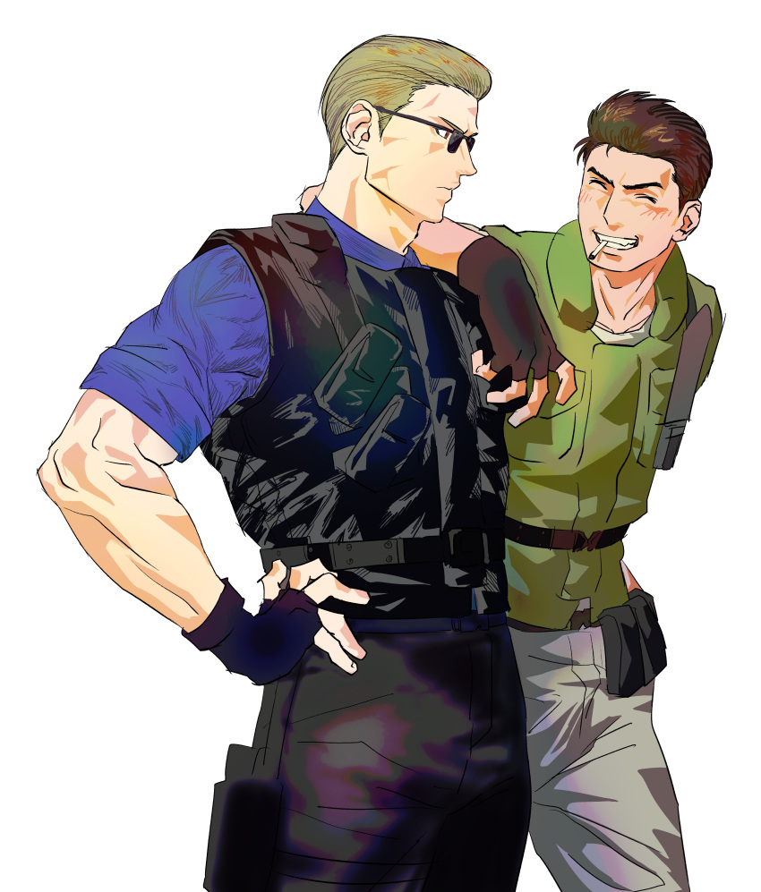 123456dyom, 2boys, absurdres, albert_wesker, black_gloves, black_hair, black_pants, blonde_hair, bulletproof_vest, chris_redfield, cigarette, closed_mouth, fingerless_gloves, gloves, green_shirt, grey_pants, hand_on_own_hip, highres, knife_sheath, looking_at_another, male_focus, multiple_boys, pants, resident_evil, resident_evil_1, sheath, shirt, short_hair, smile, sunglasses, teeth