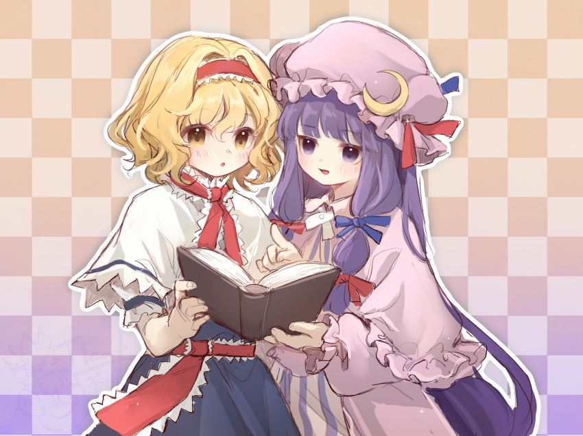 2girls, 80isiiii, alice_margatroid, blonde_hair, blue_dress, blush, book, capelet