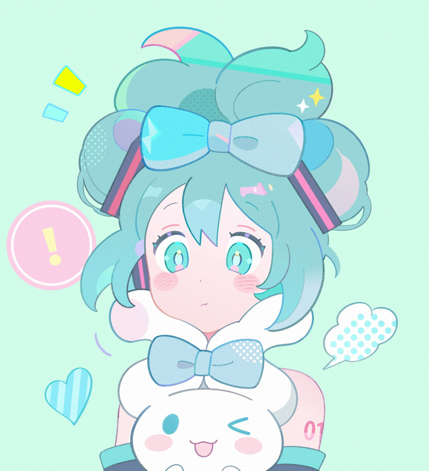 !, :t, aqua_bow, aqua_eyes, aqua_hair, black_sleeves, blush_stickers, borrowed_hairstyle