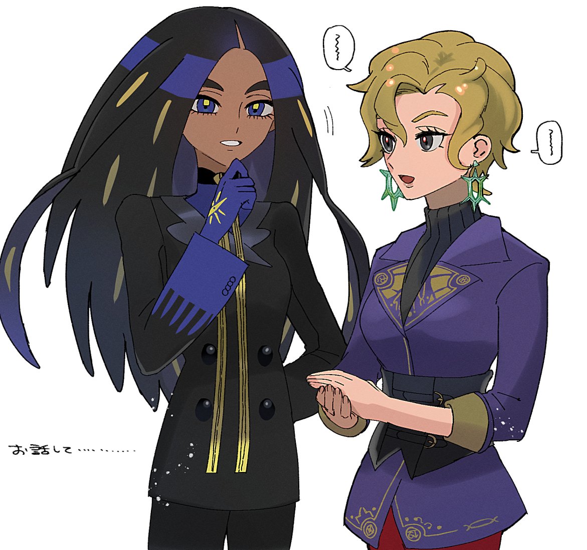 2girls, arm_behind_back, black_hair, black_jacket, black_pants, blonde_hair, blue_eyes, blue_shirt