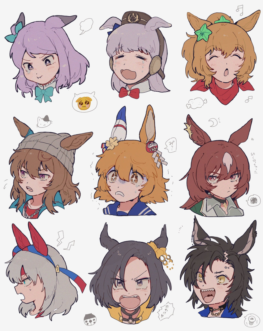 +_+, 6+girls, :t, air_groove_(umamusume), air_shakur_(umamusume), animal_ears, beanie, black_choker