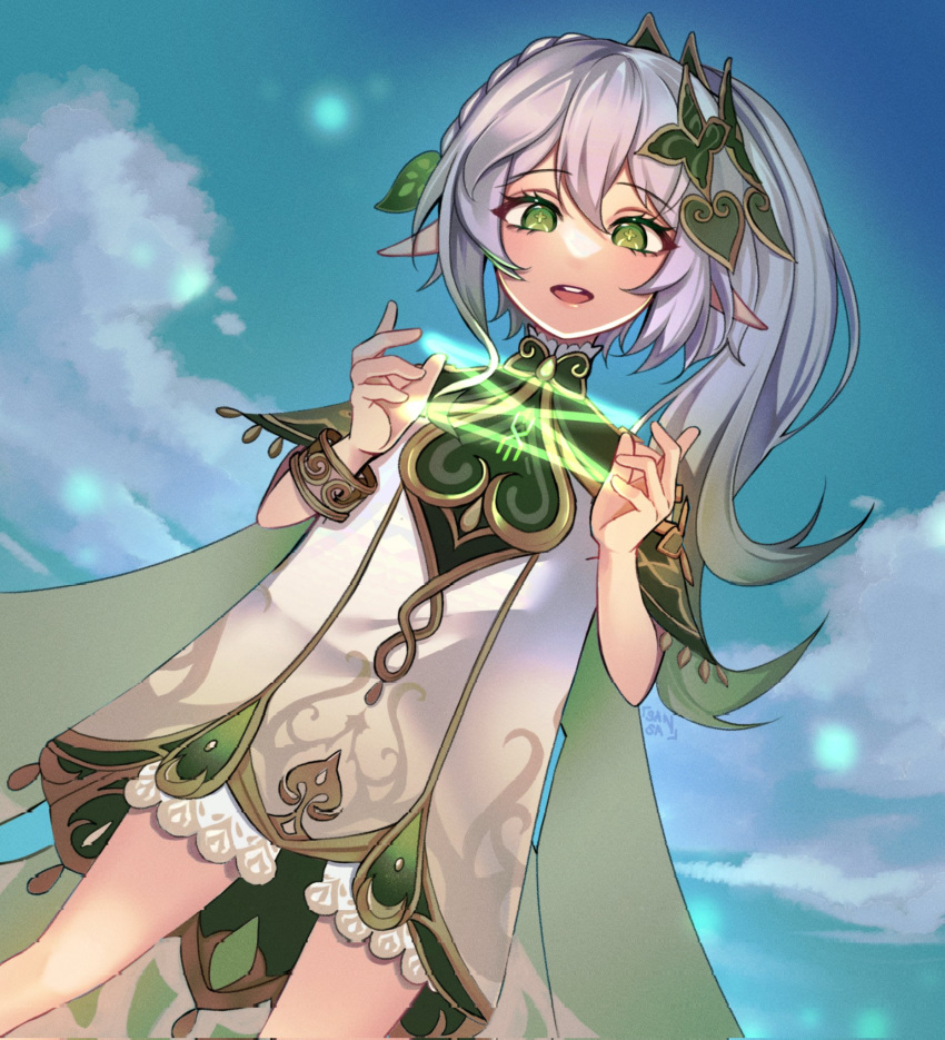 bracelet, chiisaisan, clouds, cloudy_sky, dress, genshin_impact, green_eyes, highres