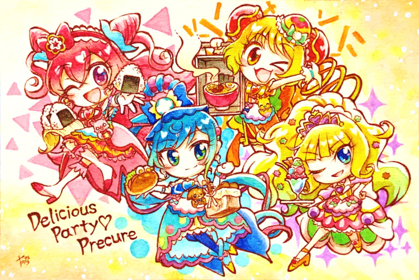>_o, 4girls, apron, arm_up, back_bow, basket, big_hair, blonde_hair