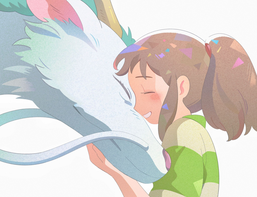 1girl, blush, brown_hair, closed_eyes, dragon, eastern_dragon, forehead-to-forehead, green_shirt, grin, haku_(sen_to_chihiro_no_kamikakushi), hand_on_another's_chin, hand_on_another's_face, heads_together, highres, klarogiraffe, ogino_chihiro, ponytail, sen_to_chihiro_no_kamikakushi, shirt, smile, studio_ghibli, upper_body, whiskers
