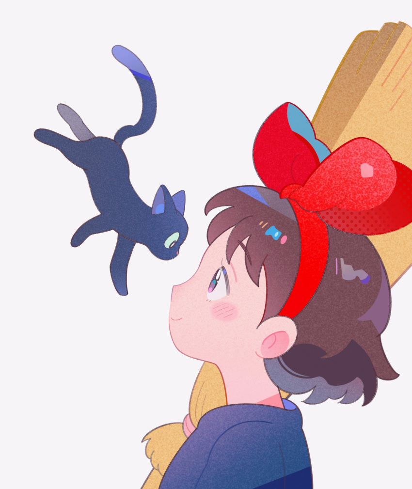 1girl, black_cat, blush_stickers, bow, broom, brown_hair, cat, eye_contact, floating, from_side, hair_bow, hairband, highres, jiji_(majo_no_takkyuubin), kiki_(majo_no_takkyuubin), klarogiraffe, looking_at_another, majo_no_takkyuubin, profile, red_hairband, short_hair, smile, studio_ghibli, upper_body, white_background, witch