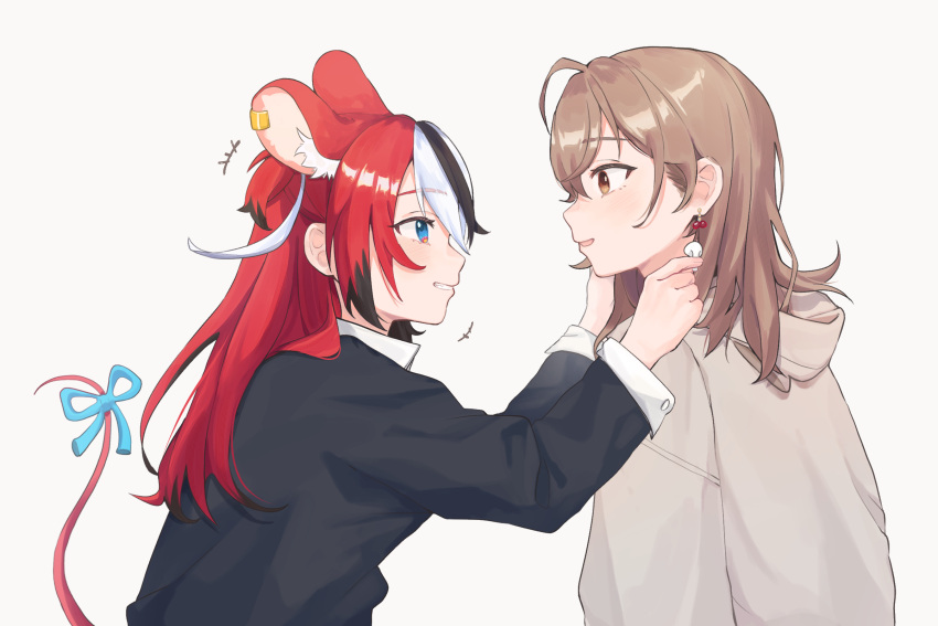 2girls, ahoge, animal_ears, black_hair, blue_eyes, bow, brown_hair, earrings