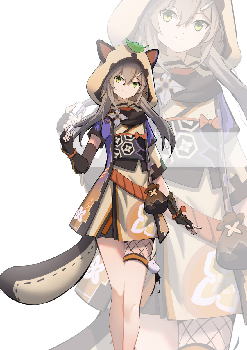 1girl, absurdres, alternate_costume, animal_ears, arm_guards, belt_pouch, black_gloves, black_scarf, brown_hair, commentary_request, cosplay, fake_animal_ears, fake_tail, fingerless_gloves, genshin_impact, gloves, green_eyes, hair_between_eyes, hair_ornament, hairclip, highres, honkai:_star_rail, honkai_(series), japanese_clothes, long_hair, looking_at_viewer, ninja, obi, pouch, qingque_(honkai:_star_rail), qixia, raccoon_ears, raccoon_hood, raccoon_tail, sash, sayu_(genshin_impact), sayu_(genshin_impact)_(cosplay), scarf, short_sleeves, shuriken, sidelocks, simple_background, solo, tail, weapon, zoom_layer