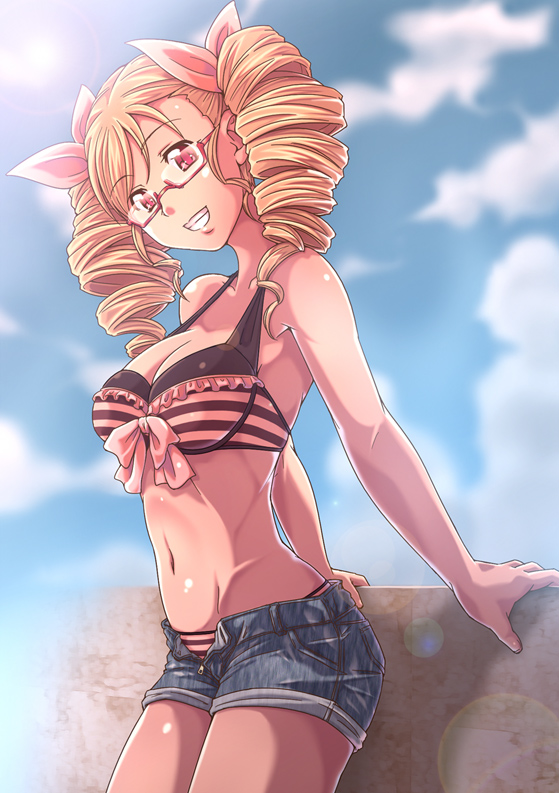 blonde_hair, braid, breasts, cleavage, cloud, clouds, denim, denim_shorts, drill_hair, e20, glasses, grin, kikuhara_komugi, midriff, original, red_eyes, short_shorts, shorts, smile, striped, striped_bikini, striped_swimsuit, swimsuit, twin_drills, twintails