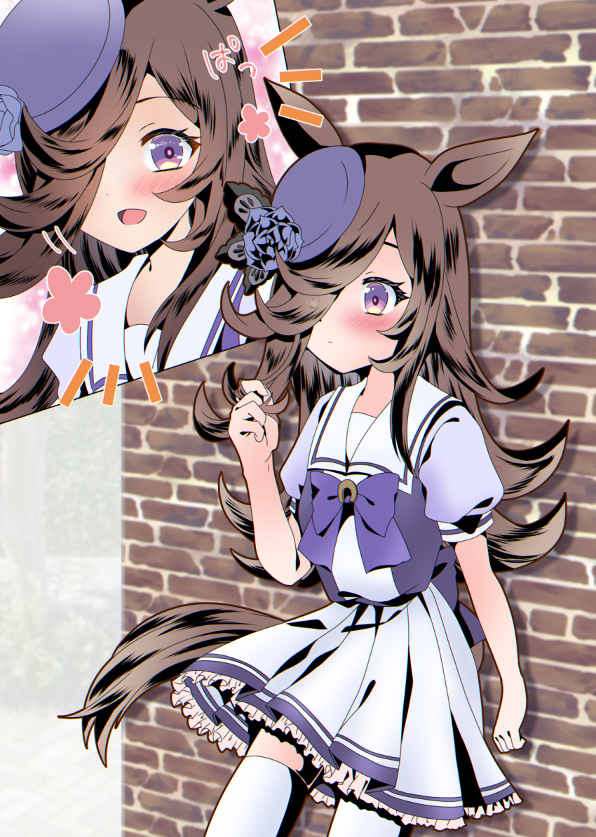 1girl, against_wall, animal_ears, black_hair, breasts, closed_mouth, commentary_request, hair_over_one_eye